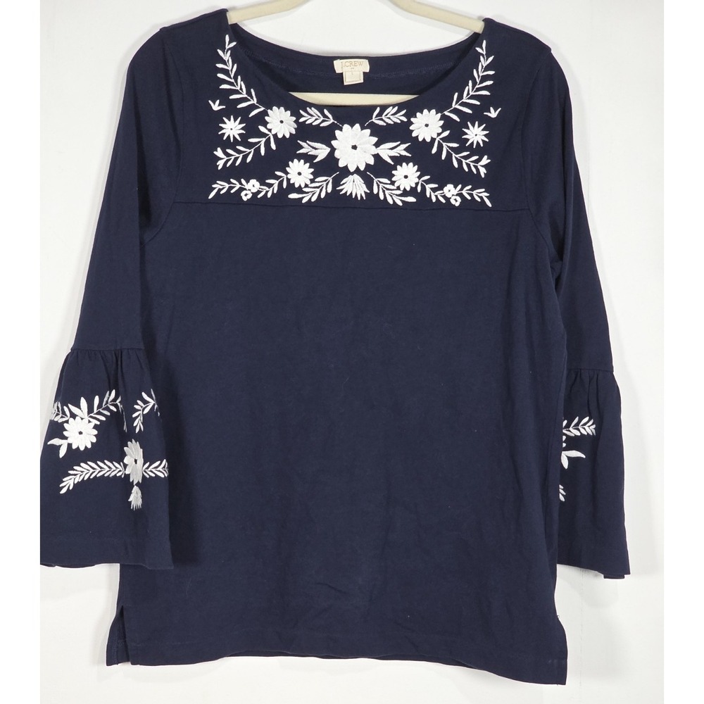 J Crew Women L Navy Blue White Floral Embroidered 3/4 Bell Sleeve Blouse Knit